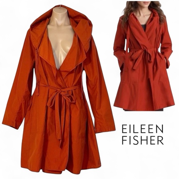 Eileen Fisher Hooded Lightweight A-Line Coat Jacket Red Orange SZ M - Picture 2 of 7